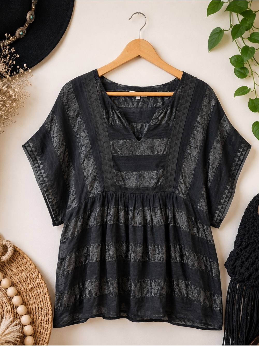 ELLIOT Silk Blend Striped Babydoll Blouse Sheer Boho Top